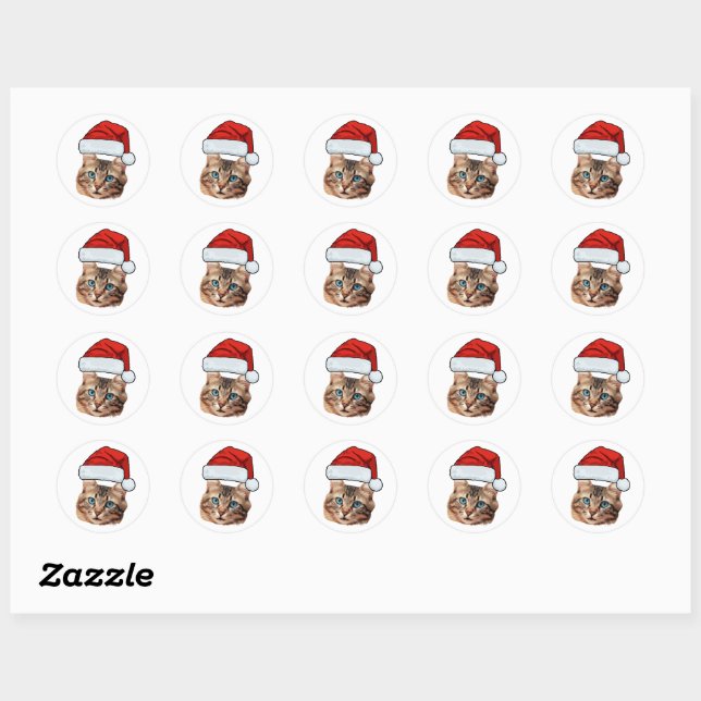 Custom Cat Face Photo Santa Hat Christmas Runder Aufkleber (Blatt)