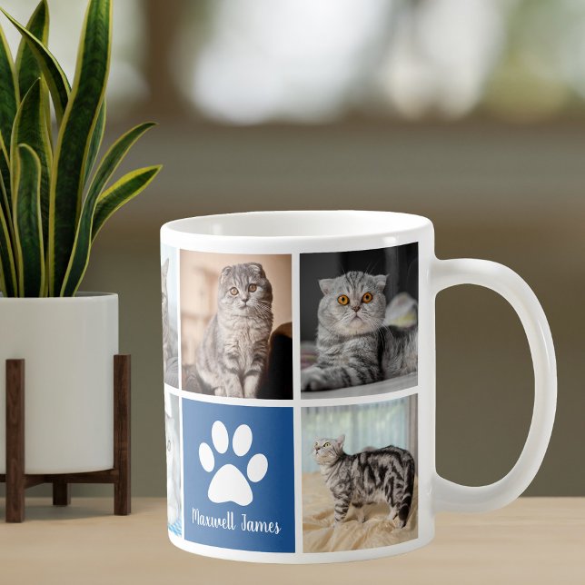 Custom Cat Foto Collage Blue Paw Print Niedlich Kaffeetasse (Von Creator hochgeladen)
