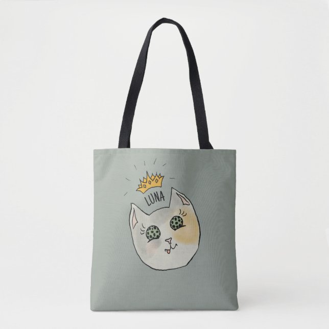 Custom Cat Name Art - Chubby White Cat with Crown Tasche (Vorderseite)