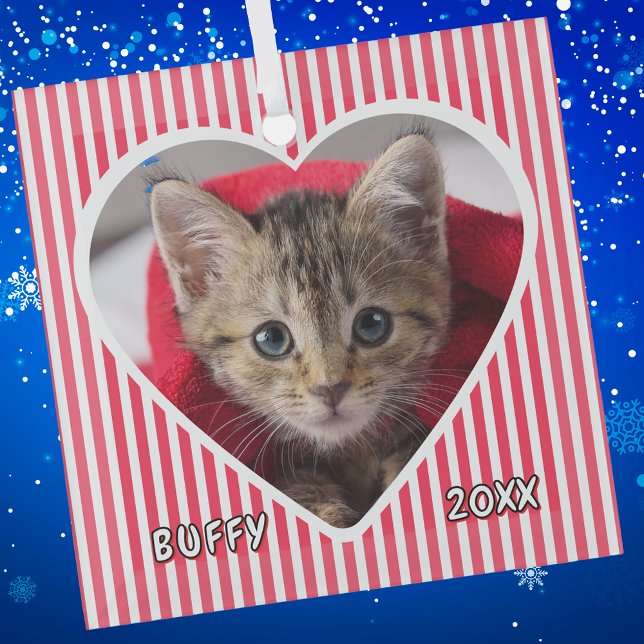 Custom Cat on Red and White Striped Heart on Ornament Aus Glas (Von Creator hochgeladen)