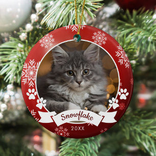Custom Cat Pet Foto Paw Prints Red Christmas Keramik Ornament
