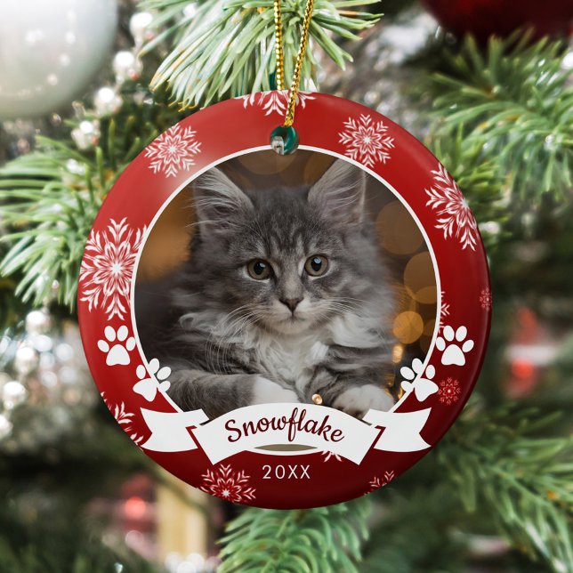 Custom Cat Pet Foto Paw Prints Red Christmas Keramik Ornament (Von Creator hochgeladen)