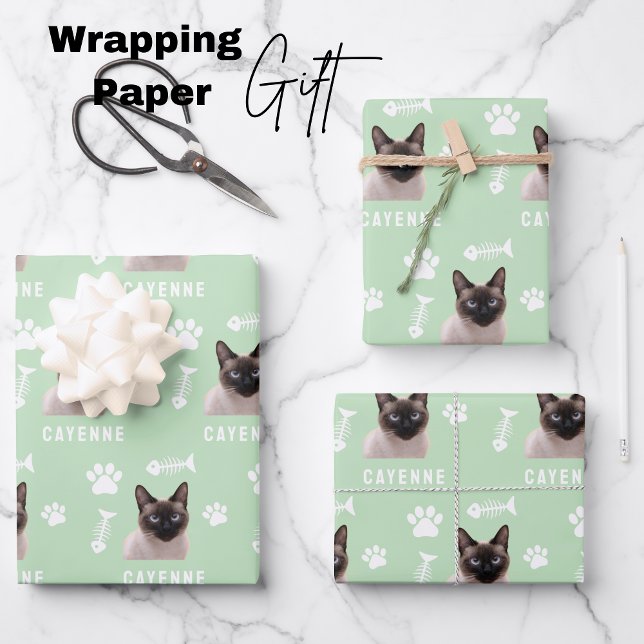 Custom Cat Pet with Photo & Name Geschenkpapier Set (Customized Cat Pet Photo & Name Wrapping Paper Sheets)