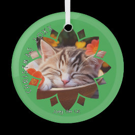Custom Cat Photo Framed in Flower on Green Ornament Aus Glas