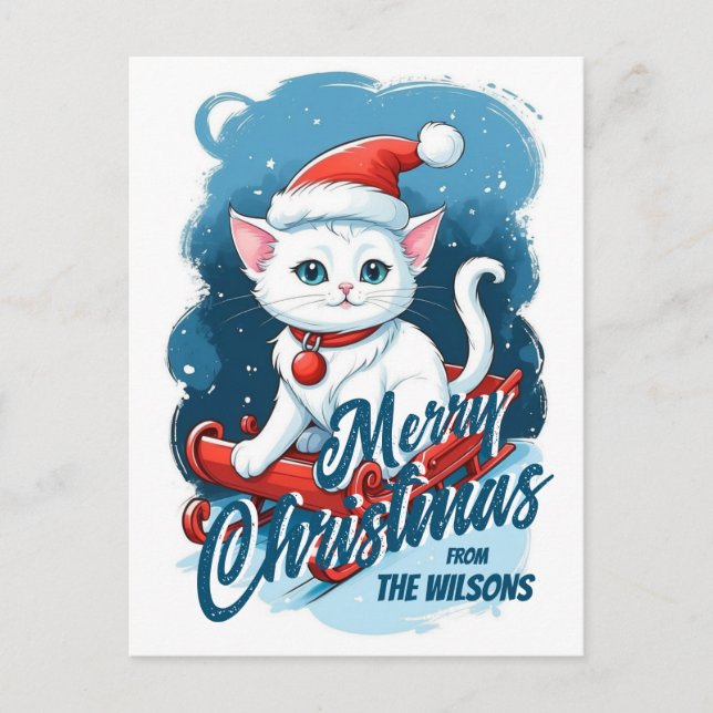 Custom Cat Sleigh Frohe Weihnachten für mich Gruß Postkarte (Vorderseite)
