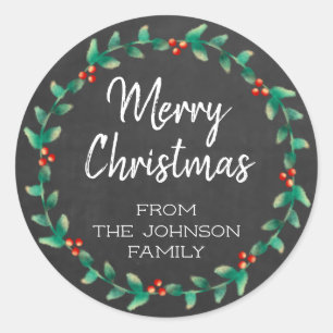 Custom Chalkboard Frohe Weihnachten Holly Wreath Runder Aufkleber