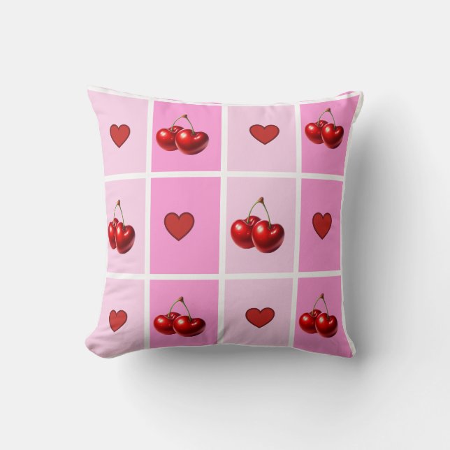 Custom Cherry Heart Checkerboard Pattern Kissen (Vorderseite)