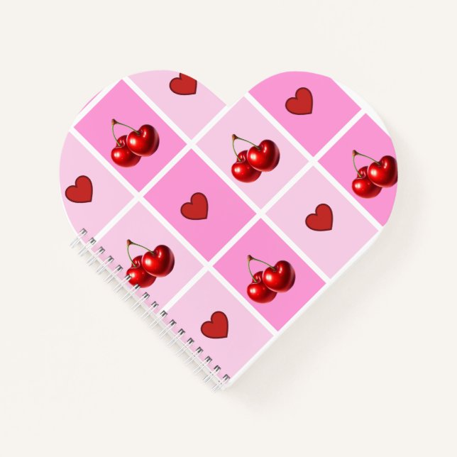 Custom Cherry Heart Checkerboard Pattern Notizbuch (Vorderseite)