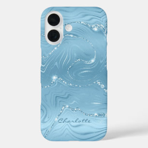 Custom Chic Blue Silver Glitzer Muster Girl iPhone 16 Hülle