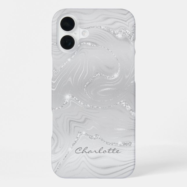 Custom Chic Gray Silver Glitzer Pattern Girl iPhone 16 Plus Hülle (Rückseite)