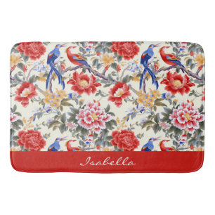 Custom Chinoiserie Asian Floral Pink Blue Red Bird Badematte