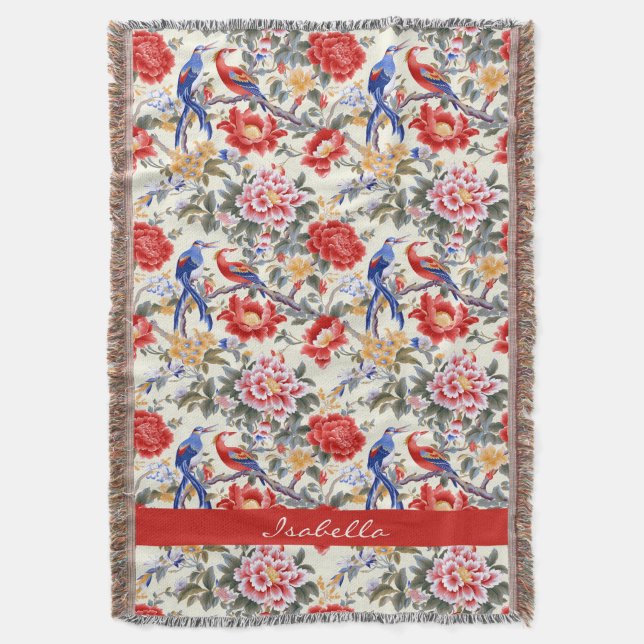 Custom Chinoiserie Asian Floral Pink Blue Red Bird Decke (Vorderseite Vertikal)