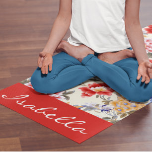 Custom Chinoiserie Asian Floral Pink Blue Red Bird Yogamatte