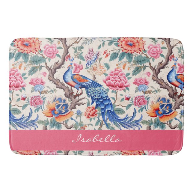 Custom Chinoiserie Asiatische Blumenlandschaft Badematte (Vorderseite)