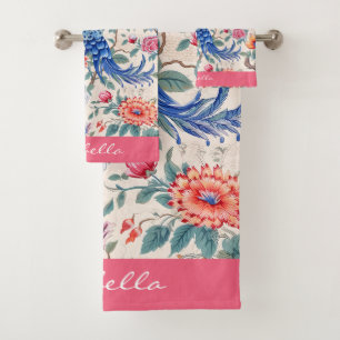 Custom Chinoiserie Asiatische Blumenlandschaft Badhandtuch Set