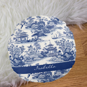 Custom Chinoiserie Muster Pagoda Blau Weiß Rundes Kissen