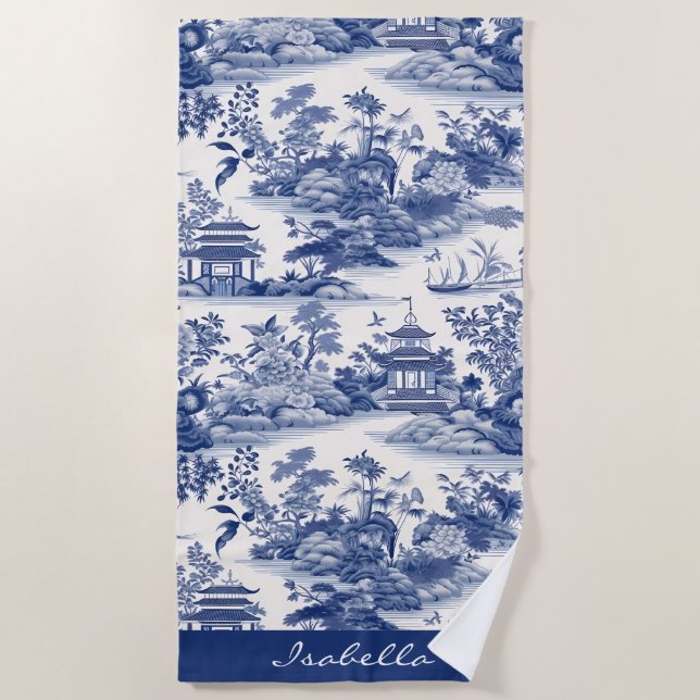 Custom Chinoiserie Muster Pagoda Blau Weiß Strandtuch (Vorderseite)