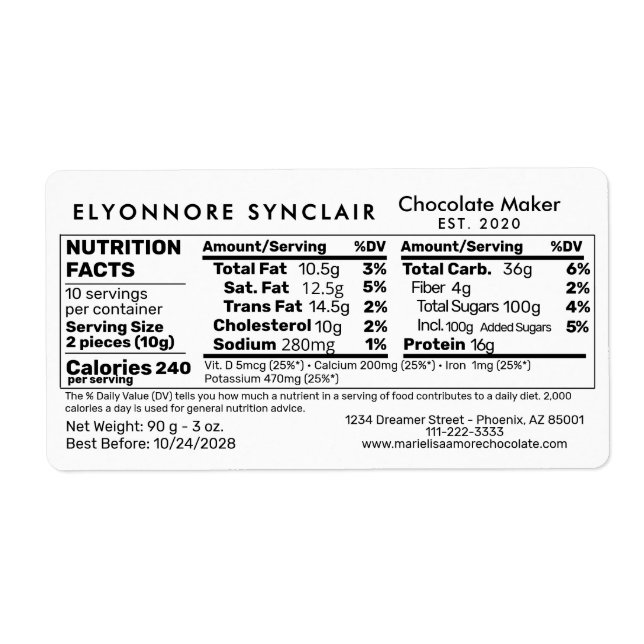 Custom Chocolate Maker Products Nutrition Facts (Vorne)
