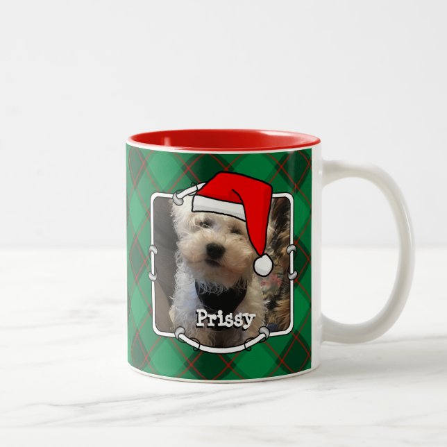 Custom Christmas 2 Foto Frame Rot & Grün Kariert Zweifarbige Tasse (Rechts)