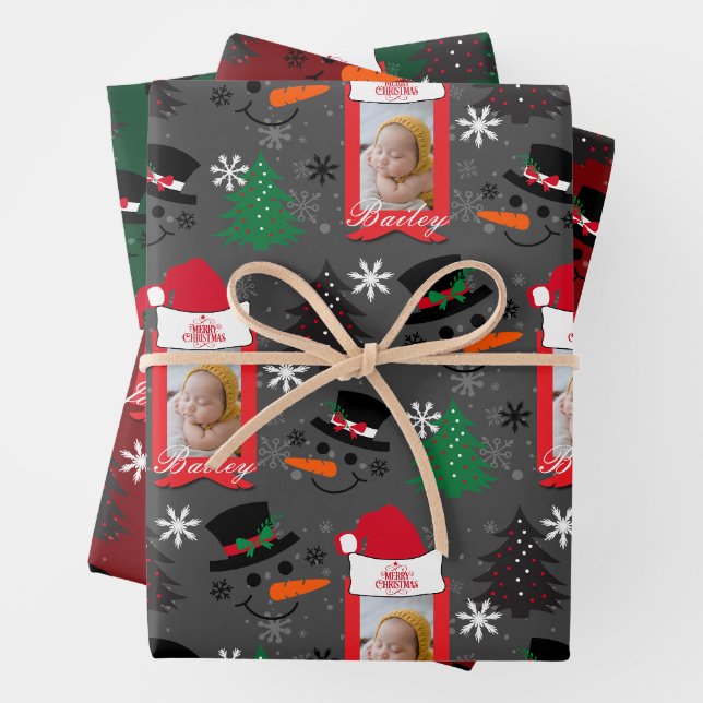 Custom Christmas 3 Foto Name Grau Red Green 3 Set Geschenkpapier Set (Beispiel)