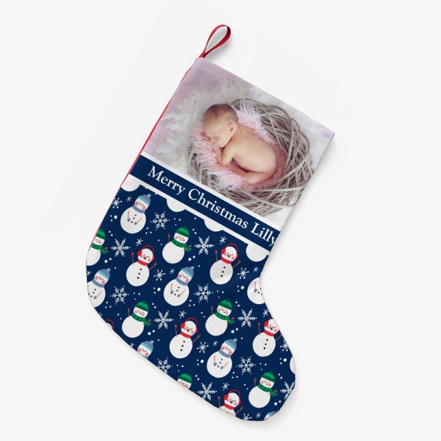 Custom Christmas Baby Foto, Name Snowman Face Kleiner Weihnachtsstrumpf (Vorderansicht (hängend))