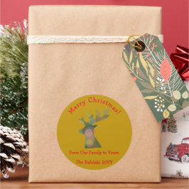 Custom Christmas Bokeh Reindeer Head Red und Gold Runder Aufkleber
