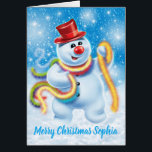 Custom Christmas card Jolly Snowman<br><div class="desc">Custom Weihnachtskarte Jolly Snowman . Ein tanzender Weihnachtsschneemensch. Passen Sie die Nachricht mit Ihrem eigenen Namen an,  es ist so einfach,  den Namen zu ändern und jemandes Weihnachtsgeschenk zu einem besonderen Erlebnis zu machen.</div>