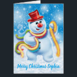 Custom Christmas card Jolly Snowman<br><div class="desc">Custom Weihnachtskarte Jolly Snowman . Ein tanzender Weihnachtsschneemensch. Passen Sie die Nachricht mit Ihrem eigenen Namen an,  es ist so einfach,  den Namen zu ändern und jemandes Weihnachtsgeschenk zu einem besonderen Erlebnis zu machen.</div>