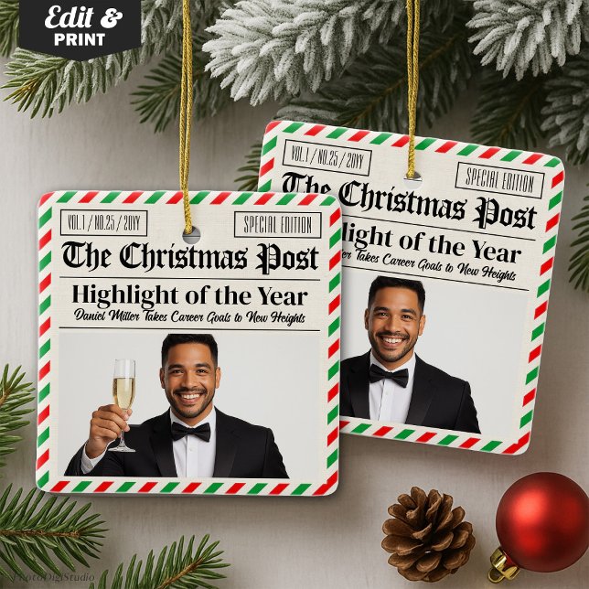 Custom Christmas Celebrate Achievement Newspaper  Keramikornament (Custom Christmas Celebrate Achievement Newspaper Ceramic Ornament)