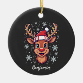 Custom Christmas Cheer Cute Reindeer in Hat  Keramik Ornament
