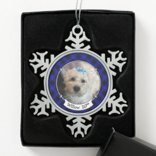 Custom Christmas Foto Blue & Black Kariert Pet Schneeflocken Zinn-Ornament