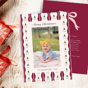 Custom Christmas Foto Card Burgundy Stripes Bows Feiertagskarte