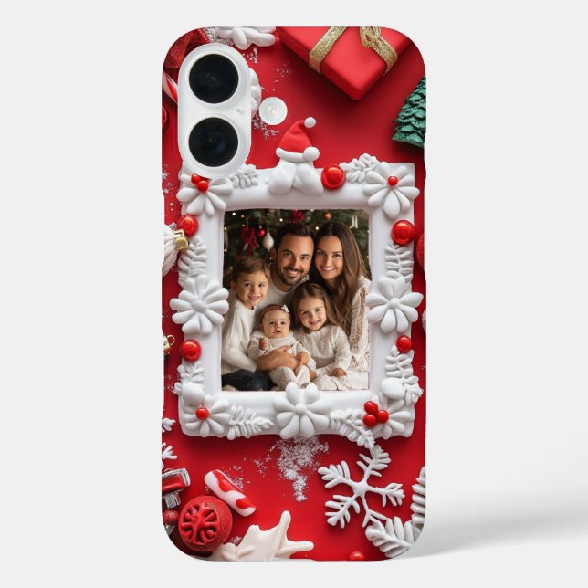 Custom Christmas Foto Festival Red White iPhone 16 Hülle (Rückseite)