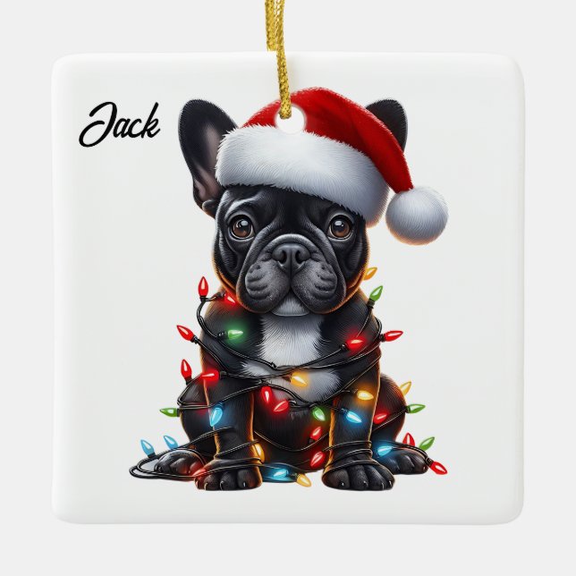 Custom Christmas French Bulldog mit Weihnachtsmann Keramikornament (Vorderseite)