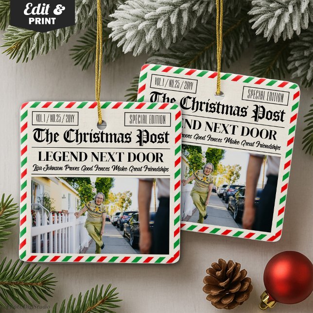 Custom Christmas Gift for Neighbour Fun Newspaper Keramikornament (Custom Christmas Gift for Neighbour Fun Newspaper Ceramic Ornament)