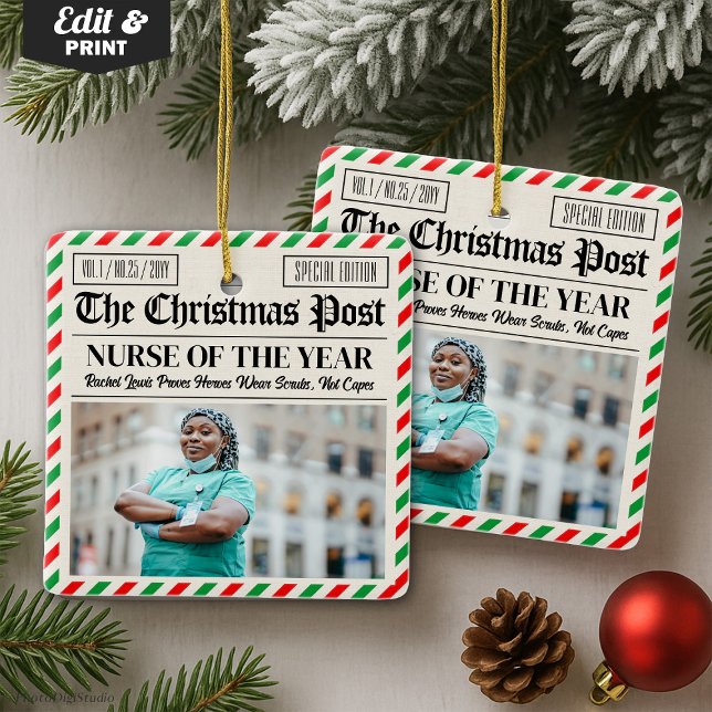 Custom Christmas Gift for Nurse, Nurse Newspaper Keramikornament (Custom Christmas Gift for Nurse, Nurse Newspaper Ceramic Ornament)