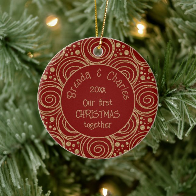 Custom Christmas Golden Swirls on Red Pattern -  Keramik Ornament (Baum)