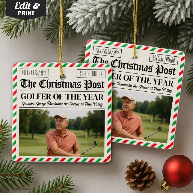 Custom Christmas Golfer Gift, Fun Golf Newspaper  Keramikornament (Custom Christmas Golfer Gift, Fun Golf Newspaper Ceramic Ornament)