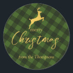 Custom Christmas Green Buffalo Kariert Rentier Tag Runder Aufkleber<br><div class="desc">Ein rustikales,  grün und schwarz Büffel kariertes Muster mit Goldtext und Rentier. Ideal für Weihnachtsgeschenke und Dekoration. Passen Sie den Weihnachtsaufkleber mit Ihrem Text an und machen Sie ihn zu Ihrem eigenen.</div>