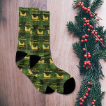 Custom Christmas Green Buffalo Plaid Santa Sleigh  Socken<br><div class="desc">A rustic green and black buffalo plaid pattern with gold text and Santa Sleigh. Ideal for Christmas gifts and decor. Customize the Christmas socks with your text and make it your own.</div>