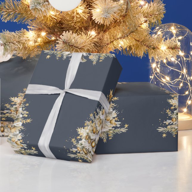Custom Christmas Holiday Blue Gold Tree Geschenk Geschenkpapier (Feiertage)