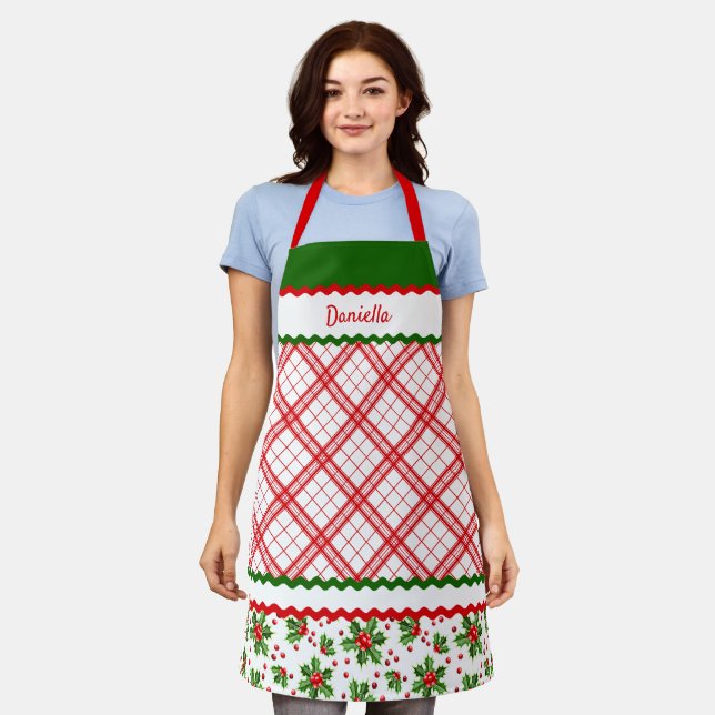 Custom Christmas Holiday Red Berries Green Holly Schürze (Getragen)