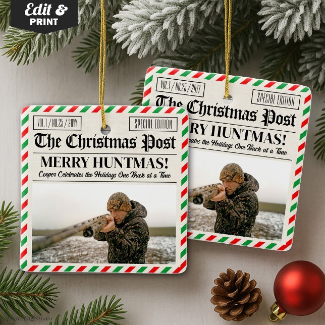 Custom Christmas Hunter Gift Newspaper Outdoorsman Keramikornament (Custom Christmas Hunter Gift Newspaper Outdoorsman Ceramic Ornament)