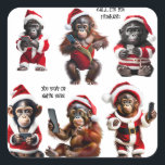Custom Christmas Monkey Primat Ape Funny Call Quadratischer Aufkleber<br><div class="desc">TEXT AUF KLEINEN KÖNNEN ÄNDERT WERDEN, WAS SIE WOLLEN! Beschreibung: Entfesseln Sie die festliche Hügellage mit unserem Weihnachtsbaumstickerei "Santa's Monkey Business Sticker Sheet" - eine Truppe schelhafter Primate, die bereit sind, mit Lachen in die Urlaubssaison zu schwingen! Sehen Sie das festliche Ensemble von zwei Gorillas, drei Orang-Utans und einem Schimpansen,...</div>