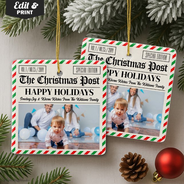 Custom Christmas Newspaper Decor, Family Photo Keramikornament (Custom Christmas Newspaper Decor, Family Photo Ceramic Ornament)