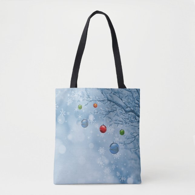 Custom Christmas Ornaments on Tree w Snow Flakes Tasche (Vorderseite)