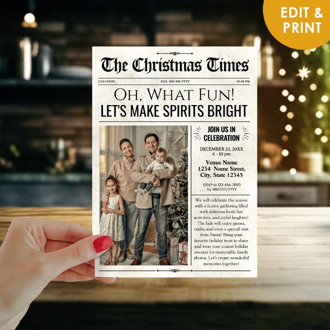 Custom Christmas Party Einladung Newspapite Einlad (Personalized Newspaper Christmas Party Invitation Template with Photo)
