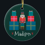 Custom Christmas Personalisiert Nutcracker Keramik Ornament<br><div class="desc">Eine farbenfrohe und festliche Weihnachts Nutcracker Illustration. Erstellt mit geometrischen Formen und fett formatierten Primärfarben. Dieses Design kann mit einem Namen oder einer benutzerdefinierten Meldung personalisiert werden. Die Farben sind rot,  waldgrün,  türkis,  blau rosa,  gold,  weiß und schwarz.</div>