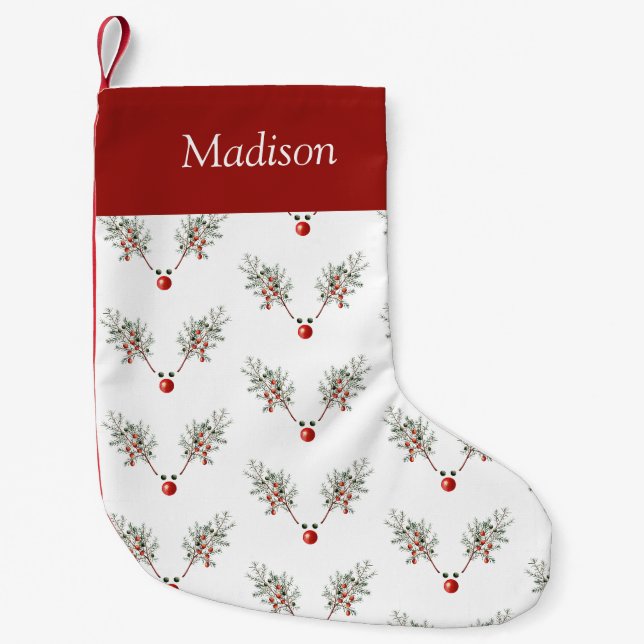 Custom Christmas Red Nosed Rentier Pine Berries Kleiner Weihnachtsstrumpf (Vorderseite)