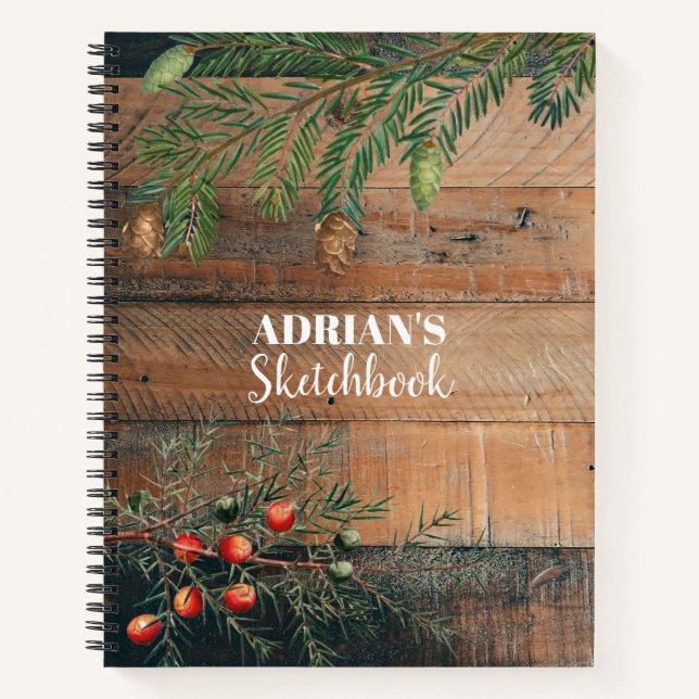 Custom Christmas Rustic Wood Xmas Sketchbook Notizbuch (Vorderseite)